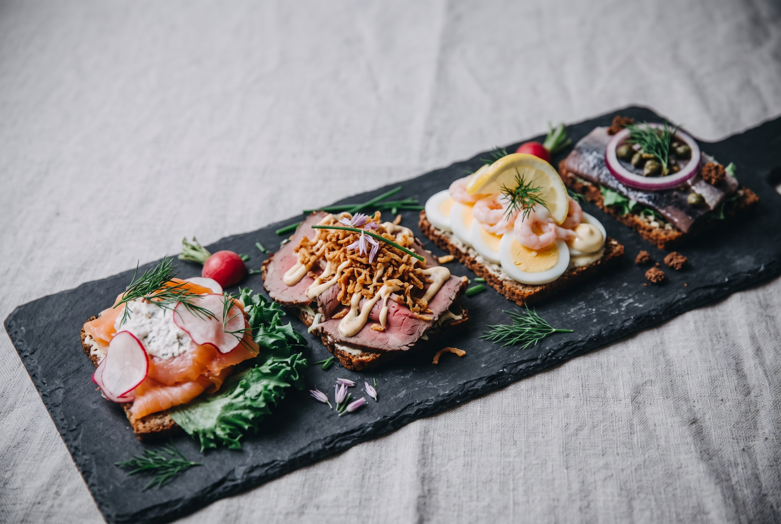 Upplägg med flera olika smörrebröd