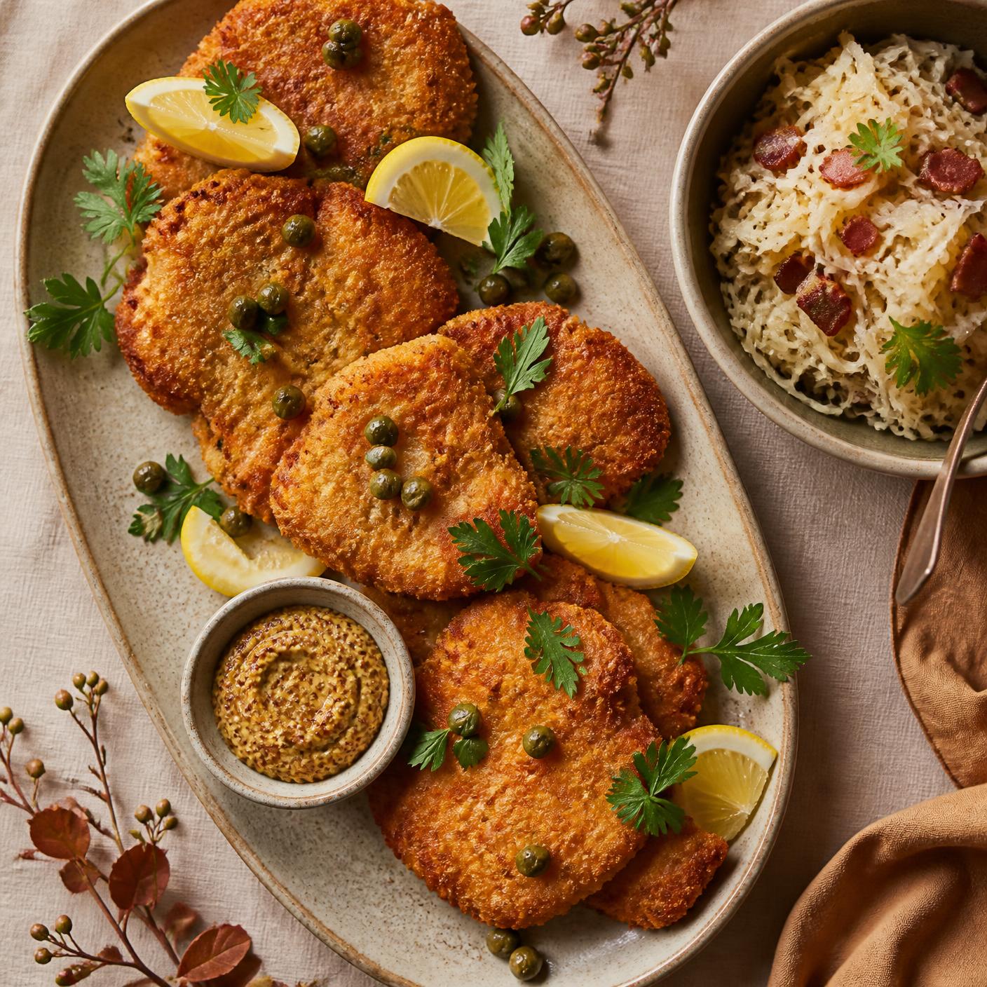 Minischnitzel med surkål och senap
