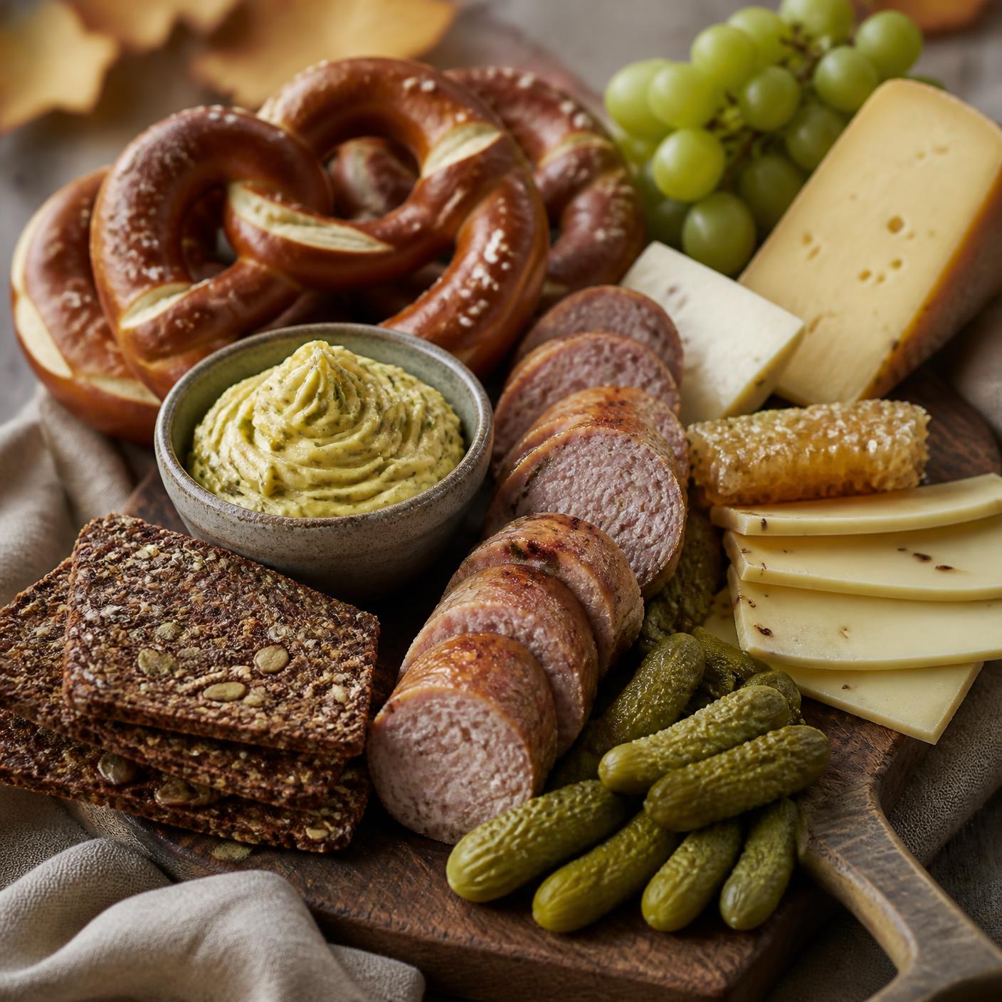 Tysk charkbricka med pretzels, ostar och cornichons