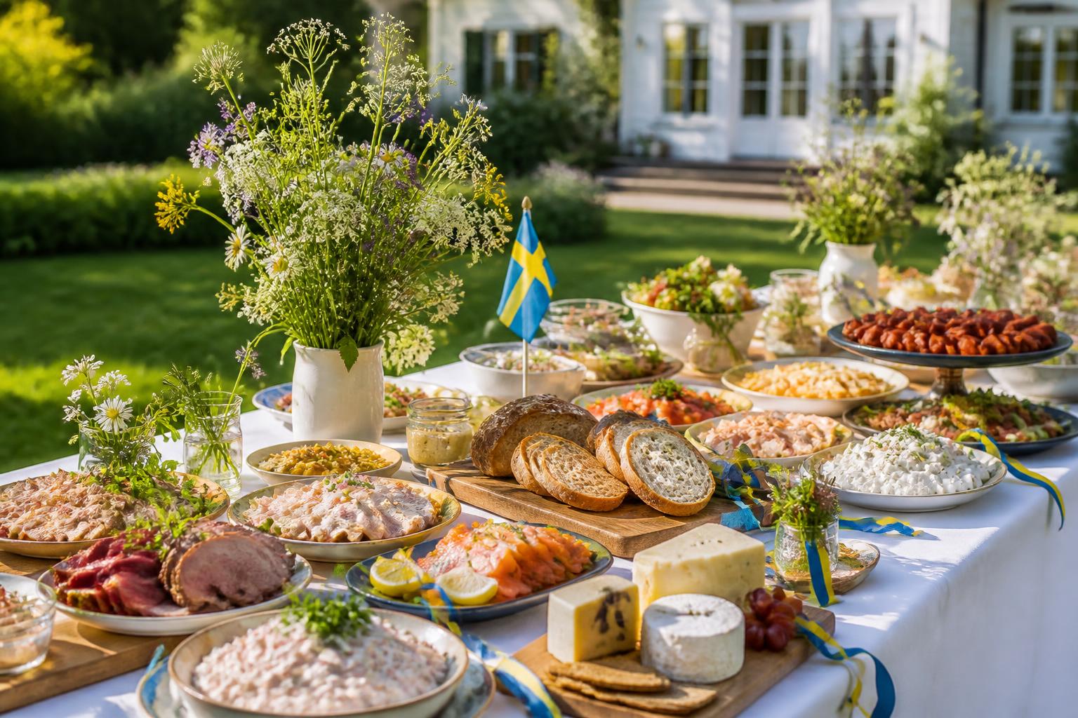 Generös studentbuffé med uppdukade fat, bröd, sallader och svensk flagga