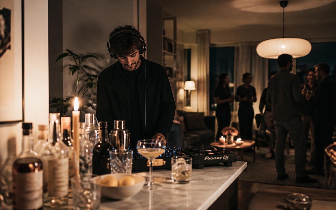 DJ spelar vid hembar med cocktails och varm belysning