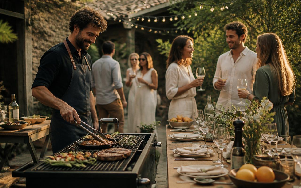 Kock grillar grönsaker och paprika utomhus