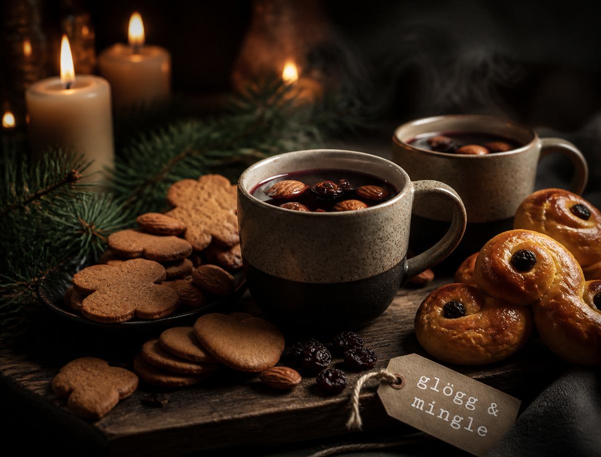 Ångande glögg med pepparkakor och lussebullar