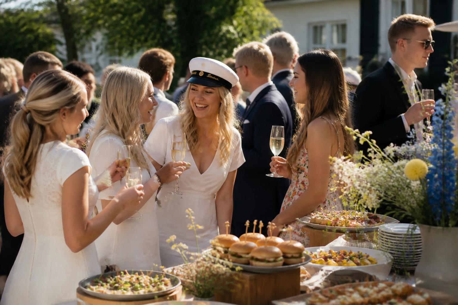 Gäster minglar med champagne, sliders och snittar på studentmottagning