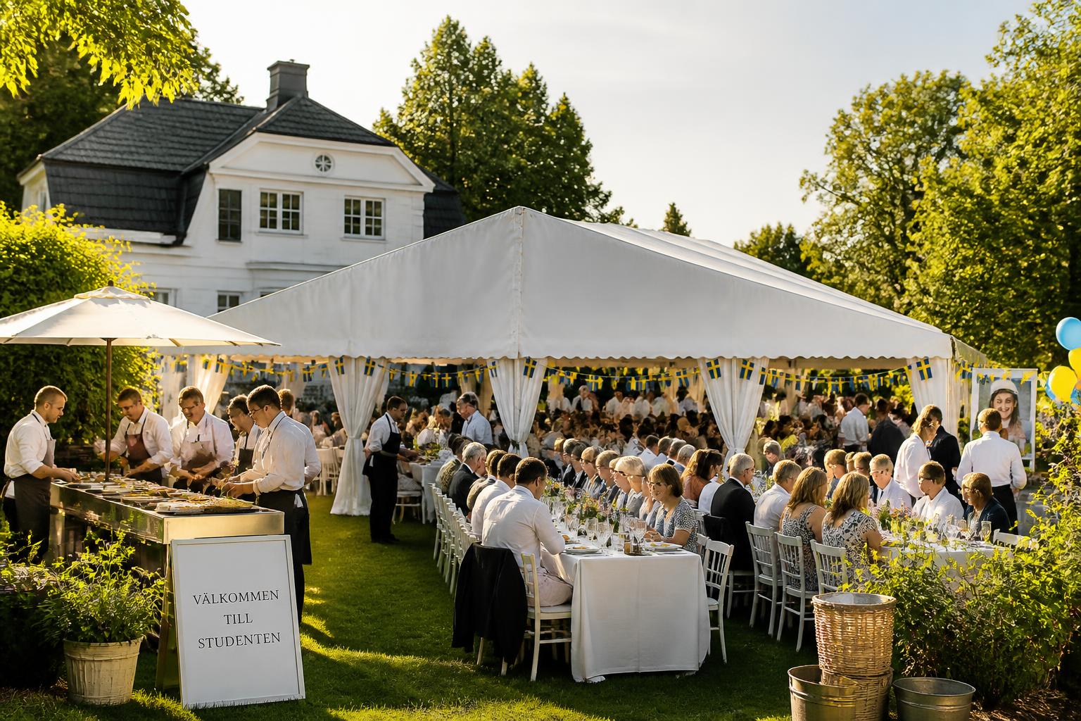 Komplett studentmottagning med tält, dukade bord, personal och gäster