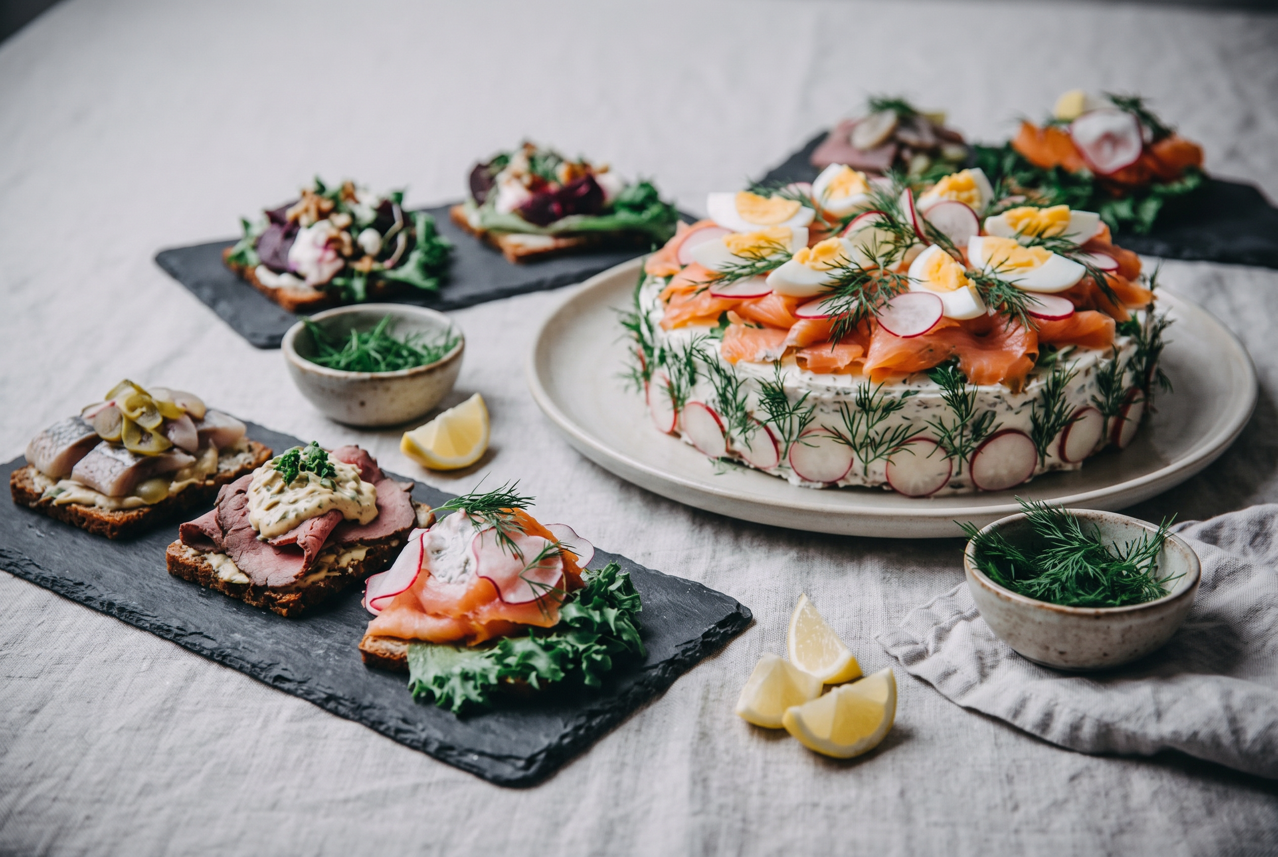 Buffébord med smörrebröd och smörgåstårta
