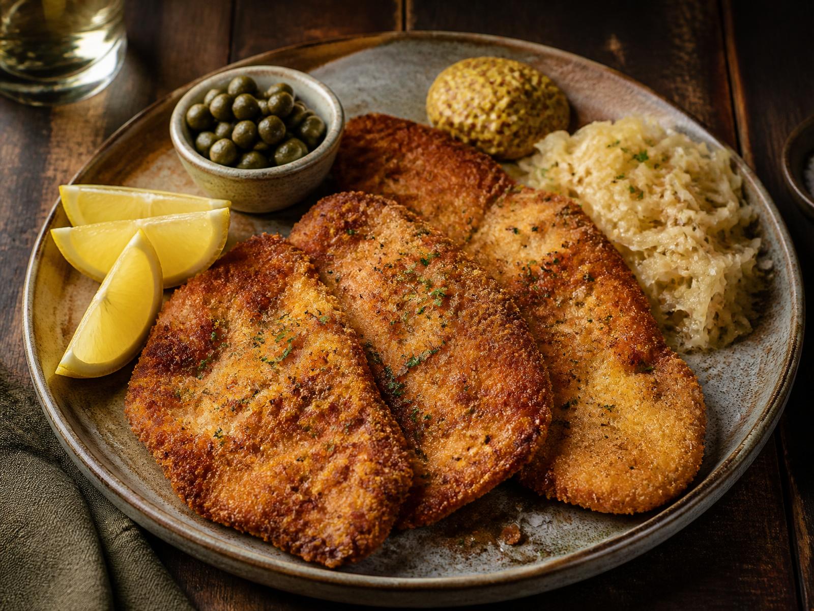 Minischnitzel med surkål och senap