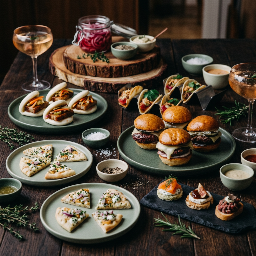 Streetfood och small plates på ett mörkt bord