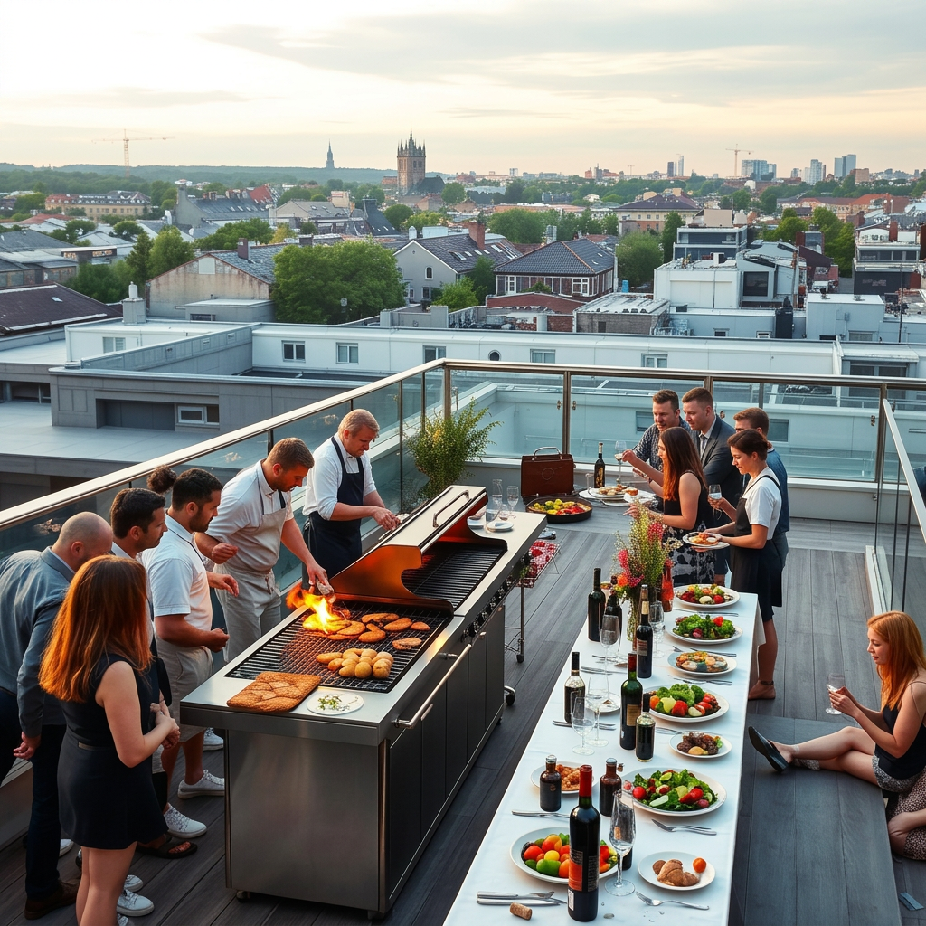 Takterrass med grill och dukat bord