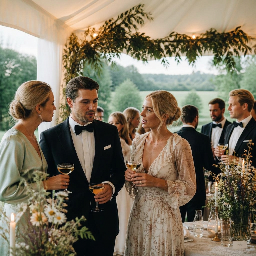 Gäster skålar med champagne på bröllop