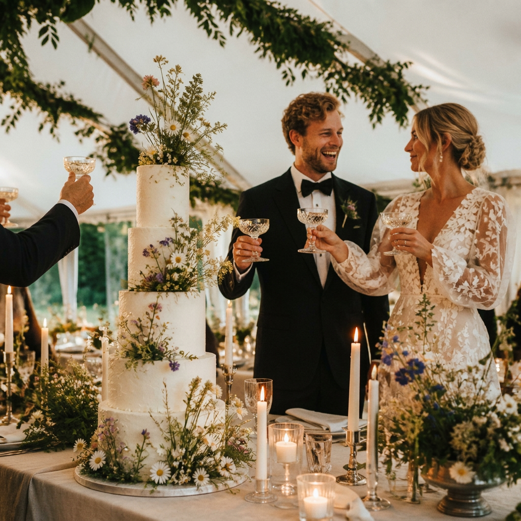 Skål vid bröllopstårta med ljus och blommor