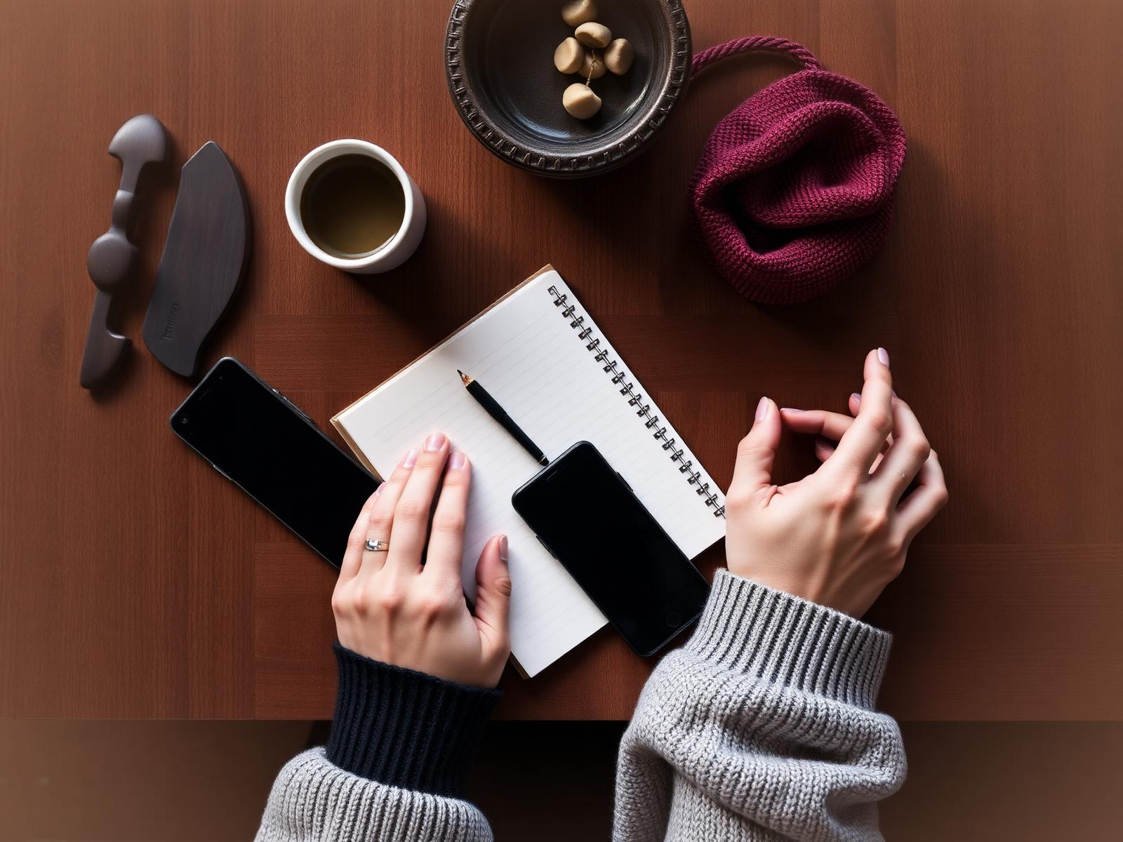 Skrivbord med kaffe, anteckningsblock och penna
